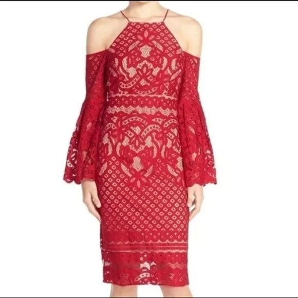Bardot Dresses & Skirts - Bardot Red Cold Shoulder Dress with Bell Sleeves